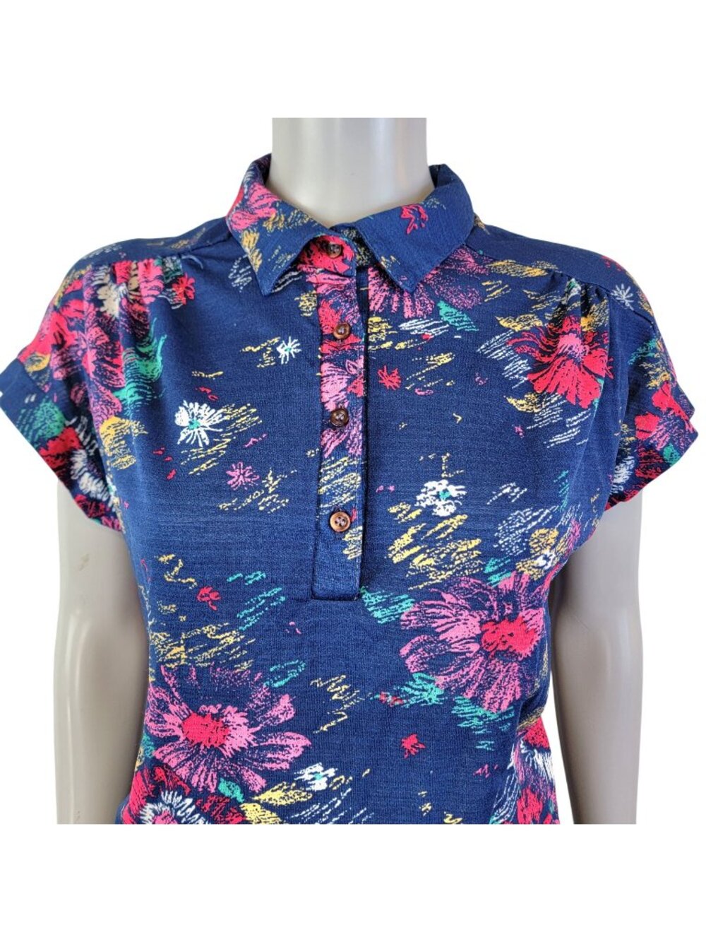 Eccobay Vintage 70s Floral Shirt Women XL 14 Blue Short Sleeve Collar Blouse Top